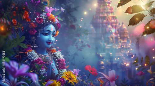 illustration of Krishna Janmashtami background for banner, Lord Krishna decorated with jewelery and flowers, Ai Generated Images