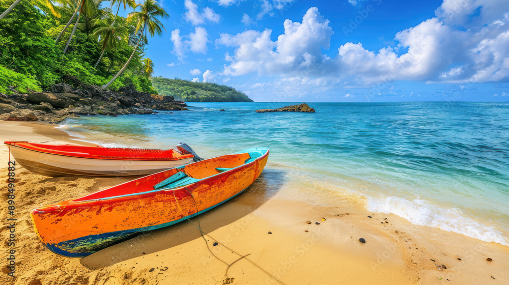 Colorful kayaks beach. Seascape tropical island. Idyllic lagoon with sand shore. Ocean view. Paradise coastline. Relax destinations. horizon. Palm tree. Resort bay. Sunlight. Travel. Colorful kayaks beach. Seascape tropical island. Idyllic lagoon with sand shore. Ocean view. Paradise coastline. Relax destinations. horizon. Palm tree. Resort bay. Sunlight. Travel.