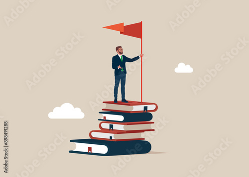 Success and achievement. Businessman at the of the books peak with a red flag. Knowledge and learning. Business book. Modern flat vector illustration.