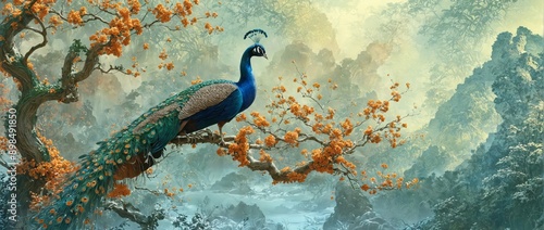 Digital illustration peacock perched tree branch lush green Vint