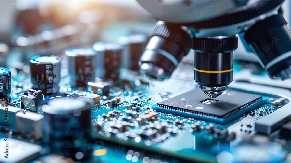 Engineer inspecting a microchip under a microscope, representing semiconductor quality control Engineer inspecting a microchip under a microscope, representing semiconductor quality control