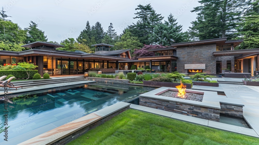 A large grey house with a swimming pool in the backyard. A stone walkway leads to the house from the front lawn. Lush green trees and bushes surround the property A large grey house with a swimming pool in the backyard. A stone walkway leads to the house from the front lawn. Lush green trees and bushes surround the property