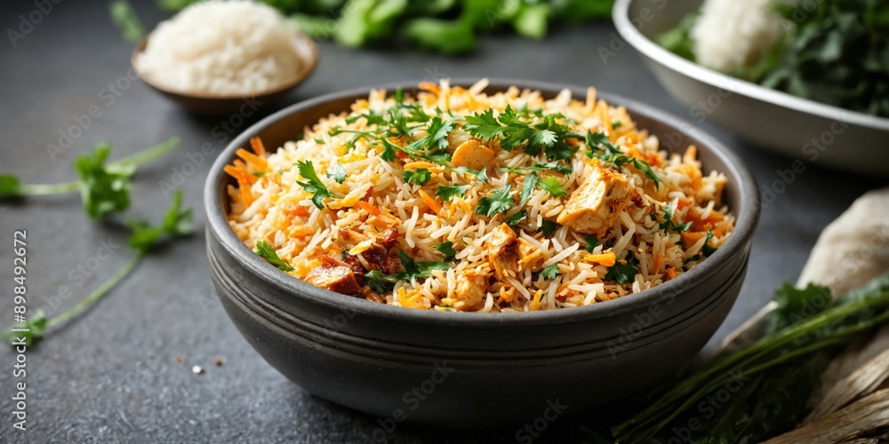 Bowl Indian rice dish which appears to be Chicken biryani in a Bowl Indian rice dish which appears to be Chicken biryani in a