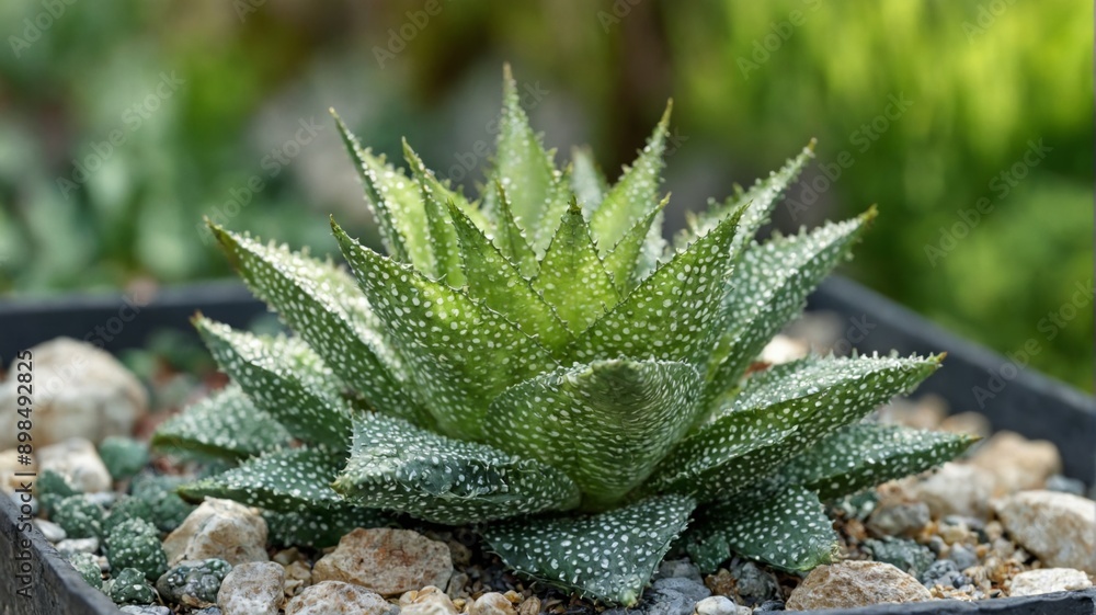 Close-up small succulent plant black pot has multiple The hawort Close-up small succulent plant black pot has multiple The hawort
