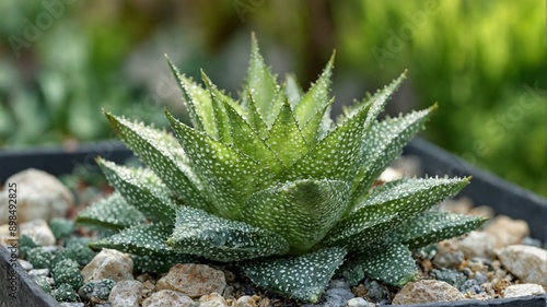 Close-up small succulent plant black pot has multiple The hawort photo