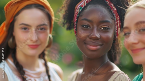 Young women from various ethnic backgrounds, standing closely and smiling