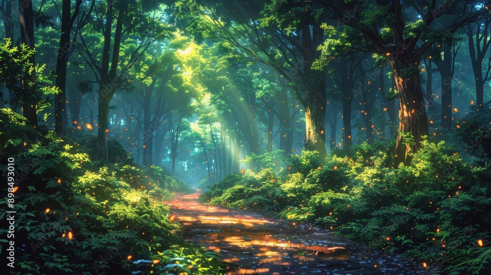 Enchanted Forest Path with Glowing Fireflies Enchanted Forest Path with Glowing Fireflies