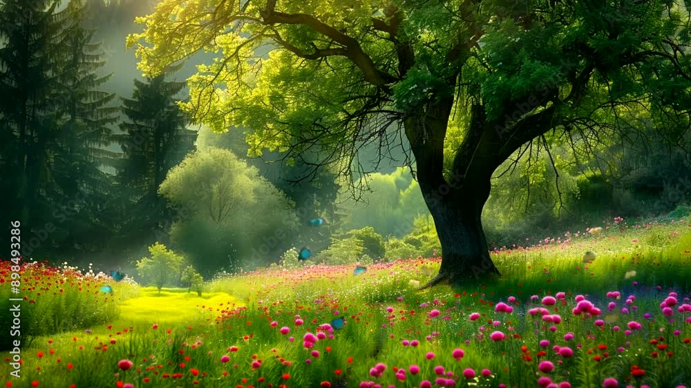 In the beautiful garden, red flowers bloom with fresh green leaves. Green trees and colorful butterflies Seamless looping 4k time-lapse animation video background In the beautiful garden, red flowers bloom with fresh green leaves. Green trees and colorful butterflies Seamless looping 4k time-lapse animation video background