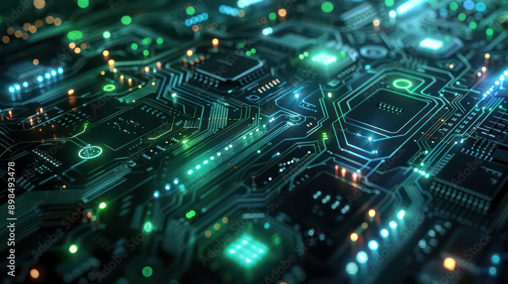 Futuristic Green Circuit Board Close-Up, Digital Technology Background Futuristic Green Circuit Board Close-Up, Digital Technology Background