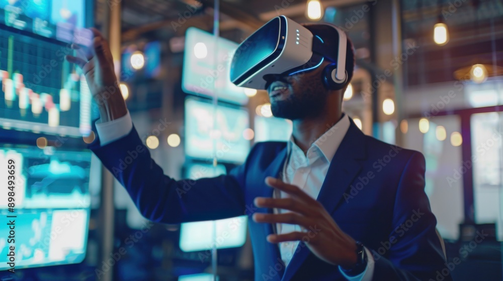 Businessman wearing VR headset in a modern office, using virtual reality for data analysis and business innovation. Businessman wearing VR headset in a modern office, using virtual reality for data analysis and business innovation.