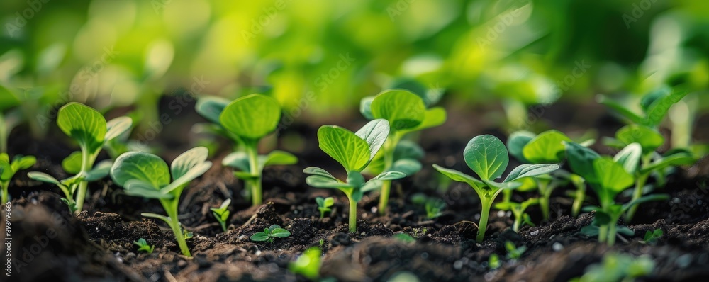 Close-up green sprouts of vegetables growing in black soil, agricultural vegetable farm plant seedling concept Close-up green sprouts of vegetables growing in black soil, agricultural vegetable farm plant seedling concept