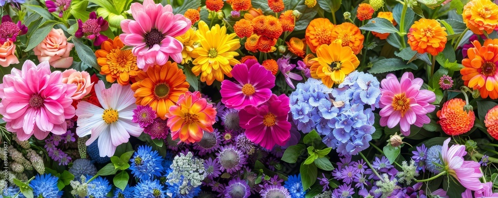 Vibrant colors and fresh flowers in a still life composition, lively and bright Vibrant colors and fresh flowers in a still life composition, lively and bright