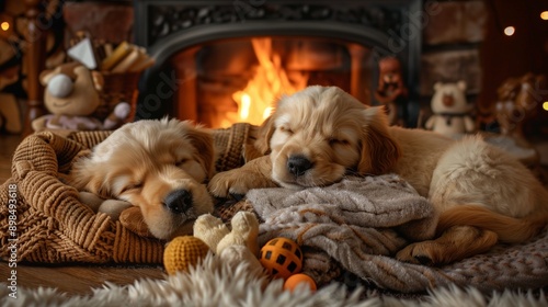 Wallpaper Mural Cute little golden labrador retriever puppy sleeping comfortably near a burning fireplace Torontodigital.ca