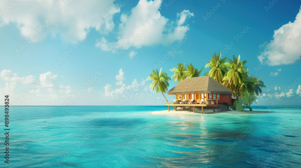 Fototapeta premium Tropical beach with few palm trees and blue lagoon. Paradise island with white sand, turquoise ocean, and no pollution. Idyllic resort for luxury holidays, honeymoon, and relaxation.