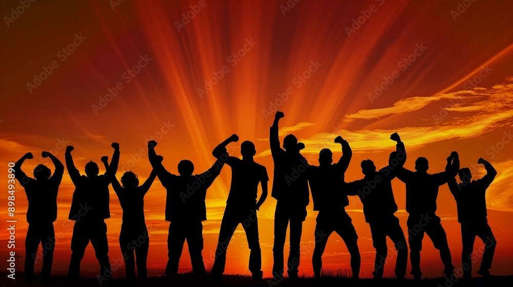 Group of people with arms raised in celebration,blurry background,copy space,web banner Group of people with arms raised in celebration,blurry background,copy space,web banner