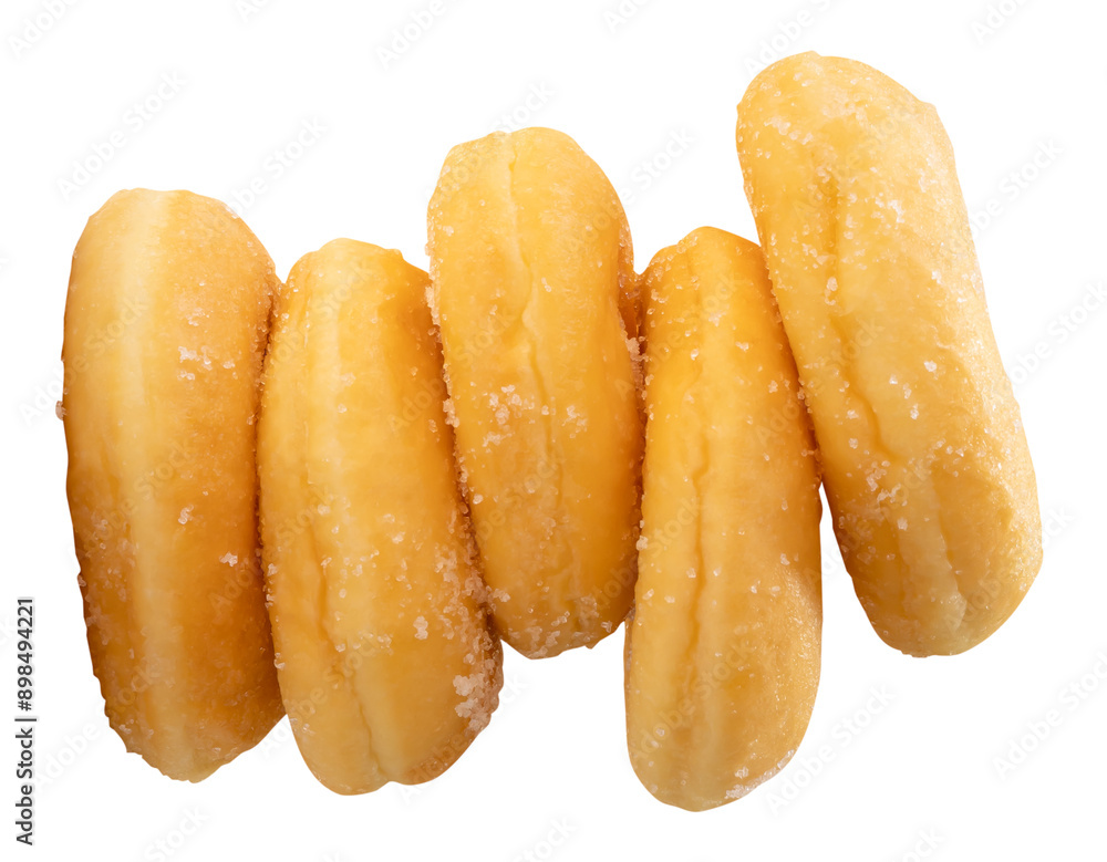Top view of sugar glazed cinnamon donuts in stack isolated on white background with clipping path Top view of sugar glazed cinnamon donuts in stack isolated on white background with clipping path