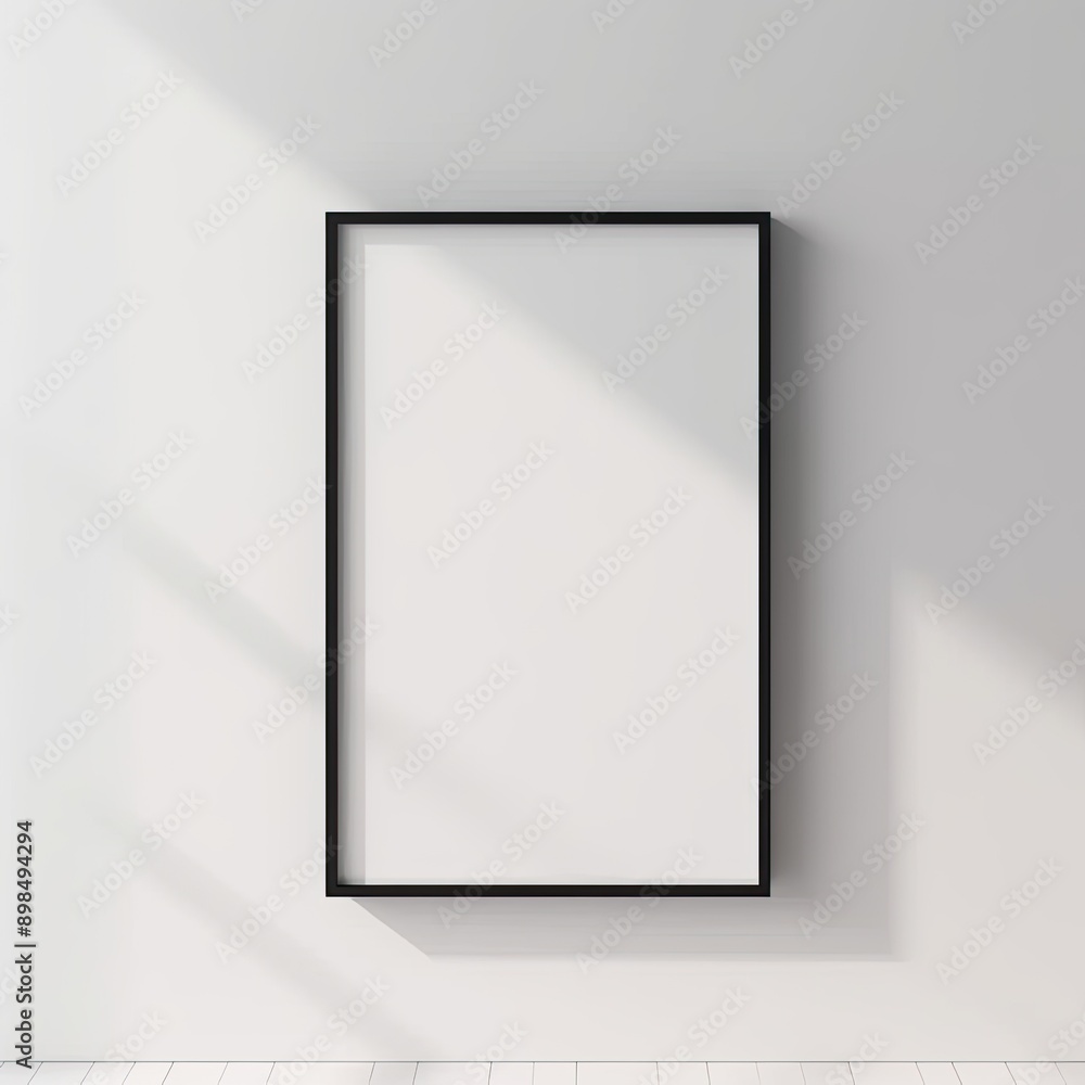 Empty Black Frame Hanging On White Wall With Sunlight Streaming In Empty Black Frame Hanging On White Wall With Sunlight Streaming In