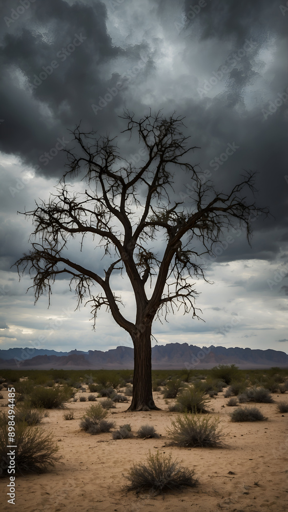 Leafless tree in desert against dark sky Leafless tree in desert against dark sky