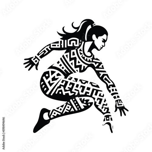 Parkour  female player in ethnic polynesia pattern illustration, emblem shield badge