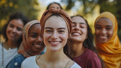 Young women of various ethnic backgrounds, smiling warmly and standing closely together
