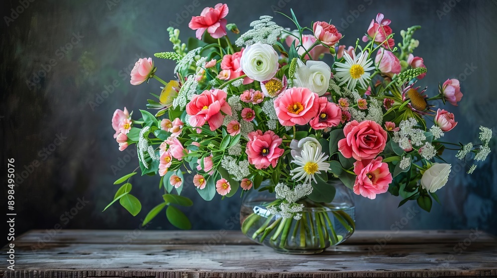 Fresh flowers arranged in a vase on a rustic table, natural light enhancing details Fresh flowers arranged in a vase on a rustic table, natural light enhancing details