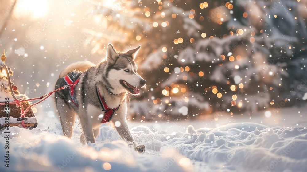 Husky pulling a sled in winter in a forest decorated for the New Year and Christmas, holiday decorations and decorations Husky pulling a sled in winter in a forest decorated for the New Year and Christmas, holiday decorations and decorations