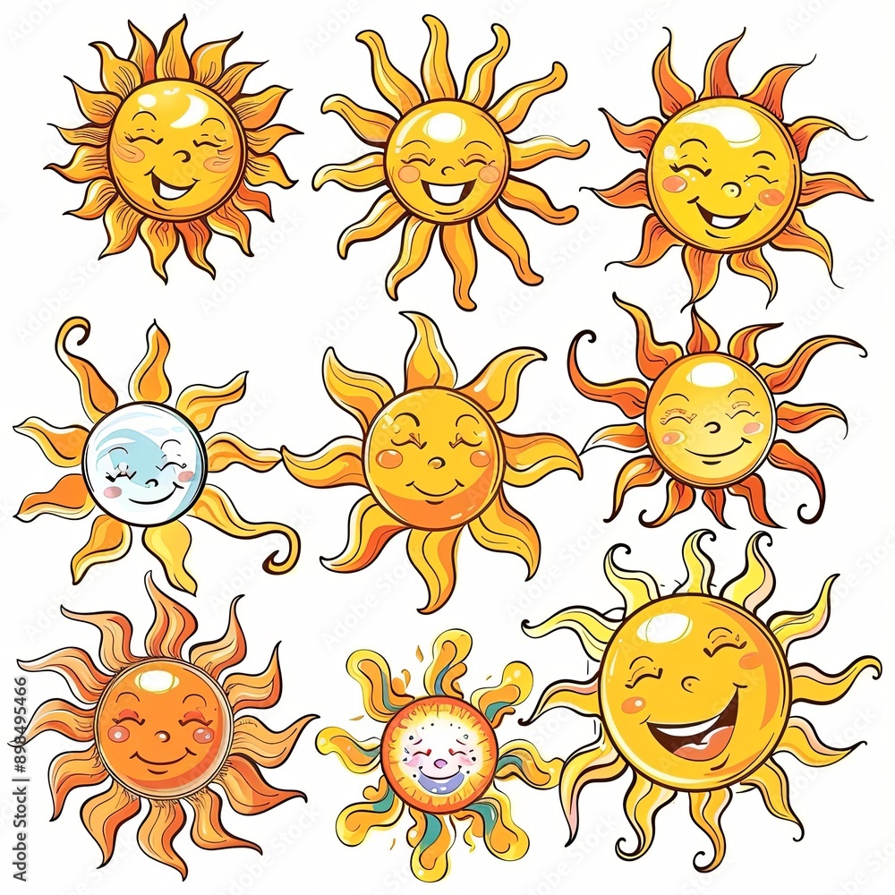 Fototapeta premium Set of sun, Cartoon, white background