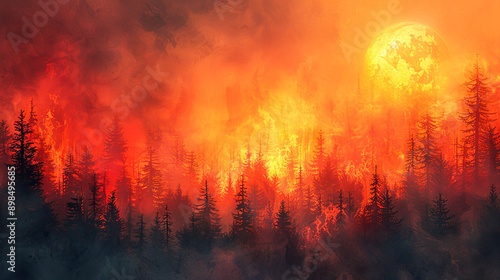 Blazing Beauty - Intense Watercolor Forest Fire with Rich Warm Tones © wannapong