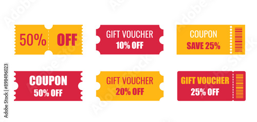 Various coupon promotion vector set, sale off 50. Voucher card template, gift voucher, discount, bar code