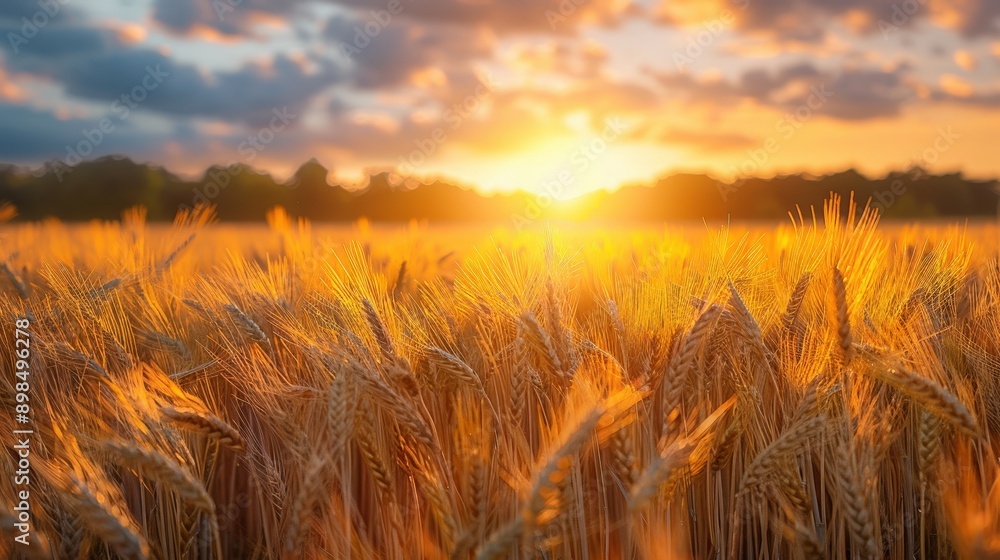 Naklejka premium Vibrant Wheat Field at Sunset with Dramatic Clouds
