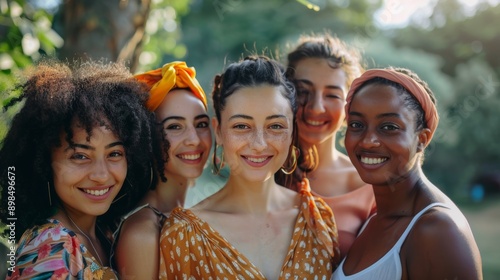 Young women of various ethnic backgrounds, smiling warmly and standing closely together