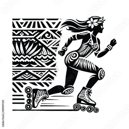 Inline Skating, roller skate   female player in ethnic polynesia pattern illustration, emblem shield badge