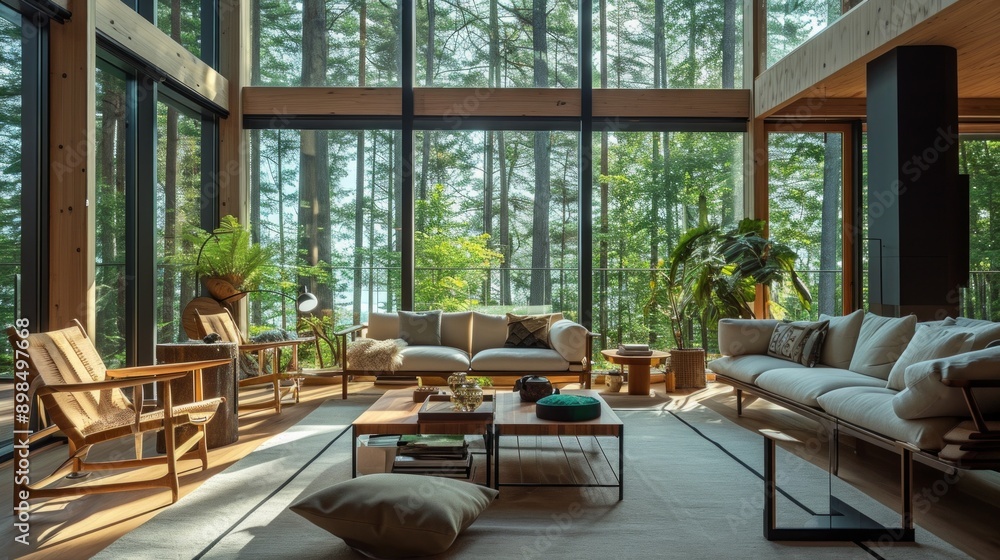 Fototapeta premium Nature-Inspired Spacious Living Room with Forest View