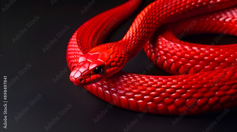 Bright red plastic snake twisting on black background, graphic resources Bright red plastic snake twisting on black background, graphic resources