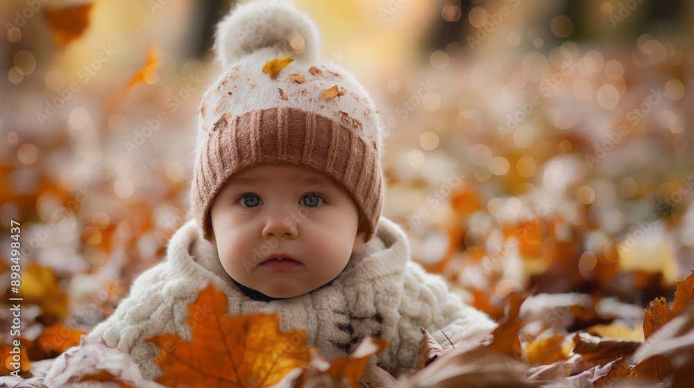 Young baby boy wearing wool sweater and scarf curious expression play crawl on autumn fallen leaves ground Young baby boy wearing wool sweater and scarf curious expression play crawl on autumn fallen leaves ground