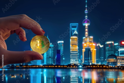 A hand holds a gold bitcoin coin in front of a nighttime cityscape of Shanghai