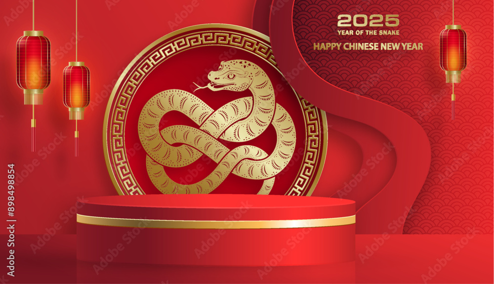 Fototapeta premium 3d Podium round stage for happy Chinese new year 2025 Snake Zodiac sign
