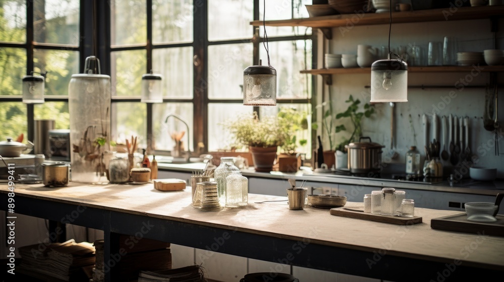 Kitchen Island With Glass Pendant Lights and Window Views Kitchen Island With Glass Pendant Lights and Window Views