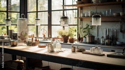 Kitchen Island With Glass Pendant Lights and Window Views