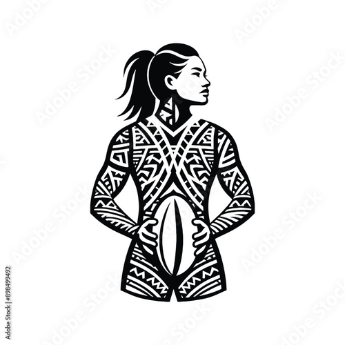 Rugby  female player in ethnic polynesia pattern illustration, emblem shield badge