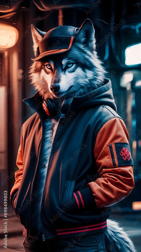 A wolf-like man wearing a black bomber jacket with orange sleeves, a black baseball cap is standing in a city. A wolf-like man wearing a black bomber jacket with orange sleeves, a black baseball cap is standing in a city.