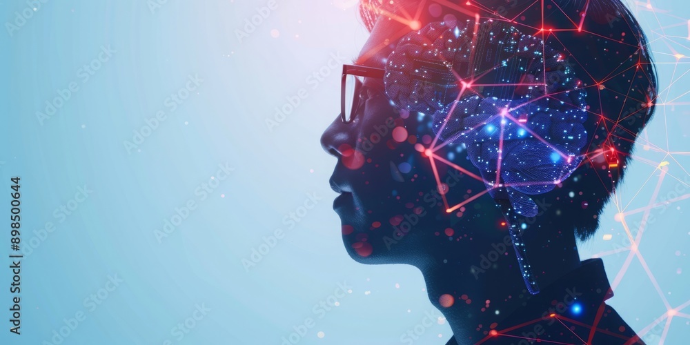 Cognitive Fusion: Profile of Man with Digital Brain Overlay Symbolizing AI and Technology Cognitive Fusion: Profile of Man with Digital Brain Overlay Symbolizing AI and Technology