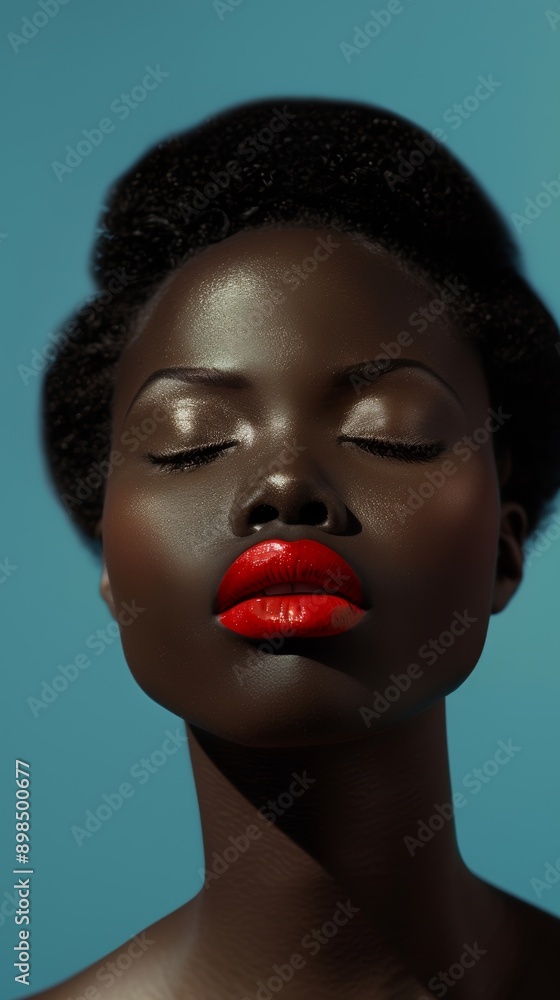 A blue studio background shows skincare, lip gloss, and a black woman radiating beauty and dermatology. Makeup, beauty, wellness, or health model with cosmetics, radiance, or face treatment A blue studio background shows skincare, lip gloss, and a black woman radiating beauty and dermatology. Makeup, beauty, wellness, or health model with cosmetics, radiance, or face treatment