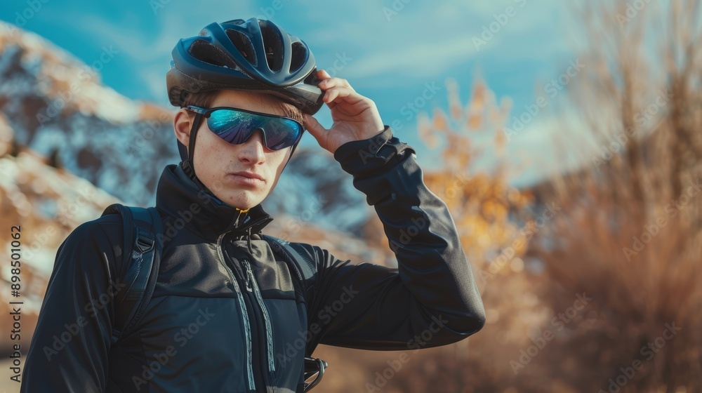 One fit Indian man wearing sunglasses and adjusting his helmet cycles outdoors. Serious mixed-race athlete preps for outdoor workout. Into health and cardio One fit Indian man wearing sunglasses and adjusting his helmet cycles outdoors. Serious mixed-race athlete preps for outdoor workout. Into health and cardio