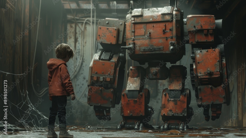 A little boy and a huge, outdated robot, dim lights, dust, spider webs, and rust stains. Capturing the innocence and warmth of childhood friendships, presenting a nostalgic atmosphere. A little boy and a huge, outdated robot, dim lights, dust, spider webs, and rust stains. Capturing the innocence and warmth of childhood friendships, presenting a nostalgic atmosphere.