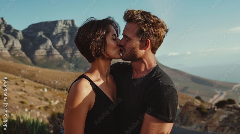 A couple in love, romantic, or content kissing, hugging, and embracing outside. Man and woman connecting, relaxing, or vacationing A couple in love, romantic, or content kissing, hugging, and embracing outside. Man and woman connecting, relaxing, or vacationing