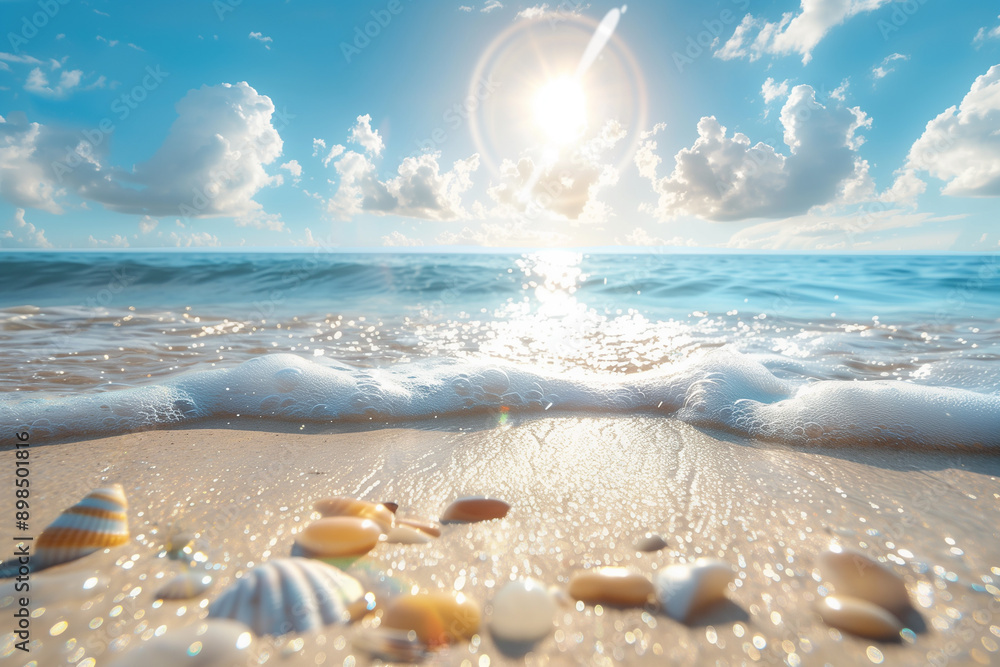 Seashells on summer sand beach near sea wave foam. Seashells on summer sand beach near sea wave foam.