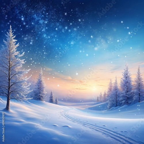 Picturesque winter scene with snow-covered plain and trees silhouetted against a vibrant night sky. Gentle snowfall adds magical touch, creating tranquil and breathtaking landscape. Generated AI