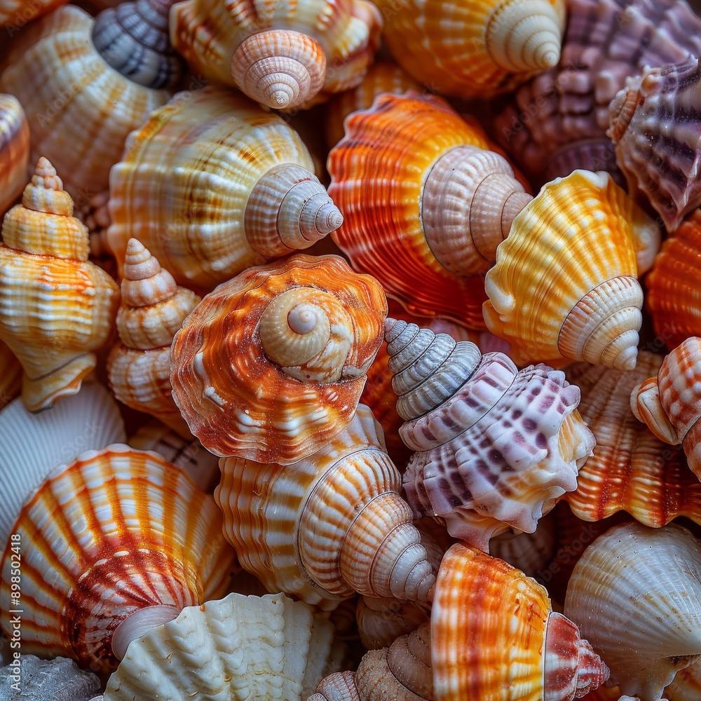 Variety of colorful seashells with intricate spiral patterns are arranged closely together, showcasing the beauty and diversity of marine life Variety of colorful seashells with intricate spiral patterns are arranged closely together, showcasing the beauty and diversity of marine life