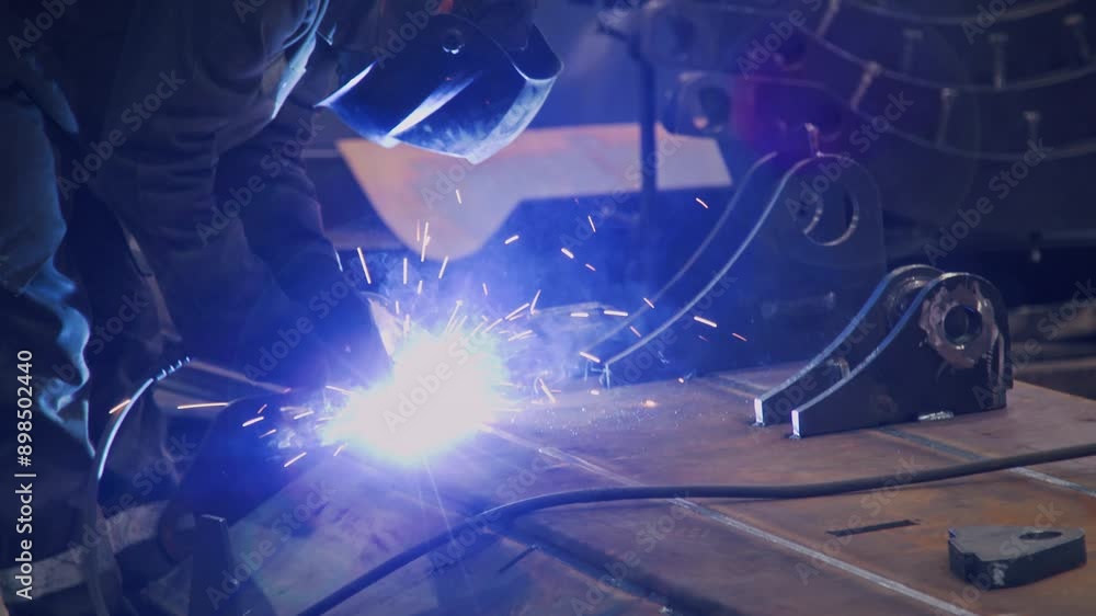 Side shot of factory worker in protective welding helmet using blowpipe to weld metal parts to heavy machinery framework in production plant Side shot of factory worker in protective welding helmet using blowpipe to weld metal parts to heavy machinery framework in production plant